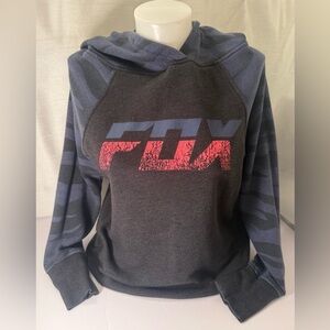 Fox woman’s men’s Hoodie Pullover Black w/ Blue Size xs Long Sleeve Lightweight